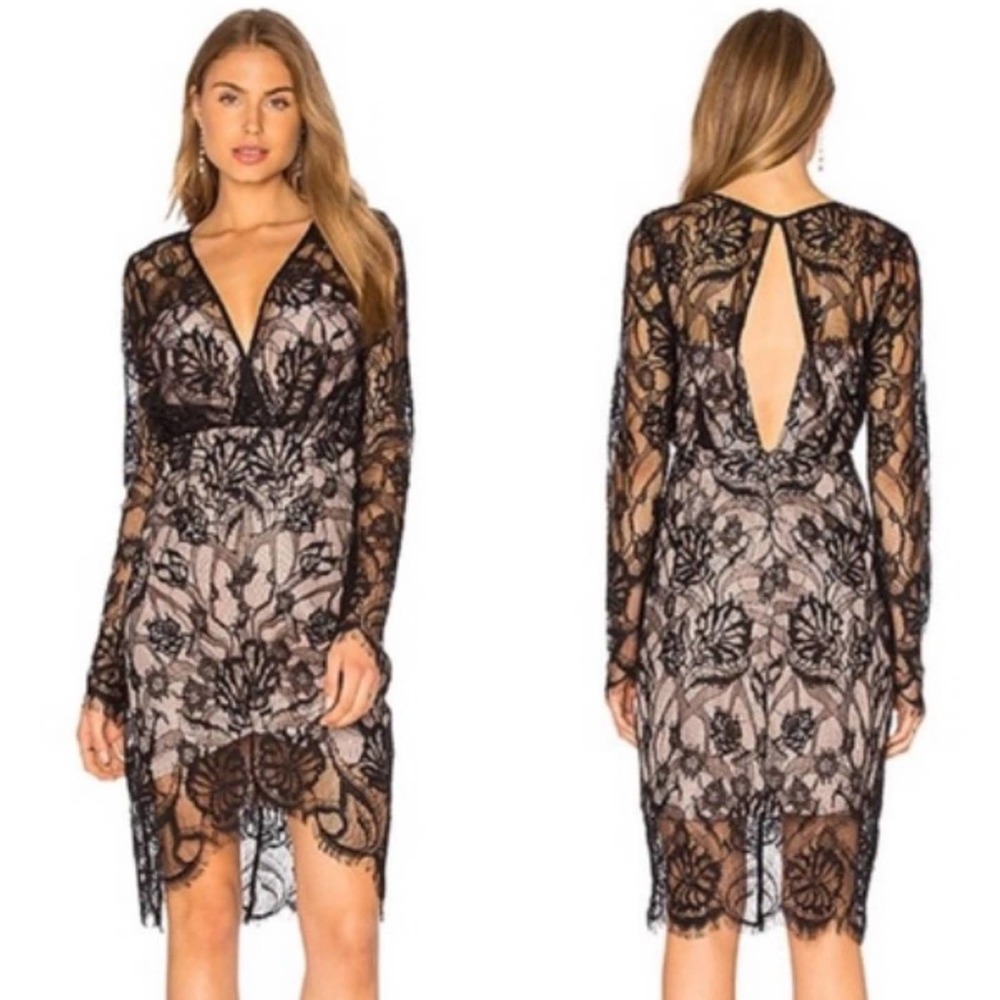 Stylestalker Sofala Lace Long Sleeve Midi Dress Black Nude Lace